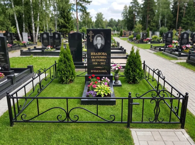 Зелёный газон на могильном участке в Уфе