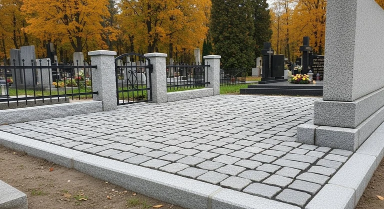 Благоустройство захоронений в Уфе — мощение гранитной плиткой, цоколь и ограда на ухоженном участке