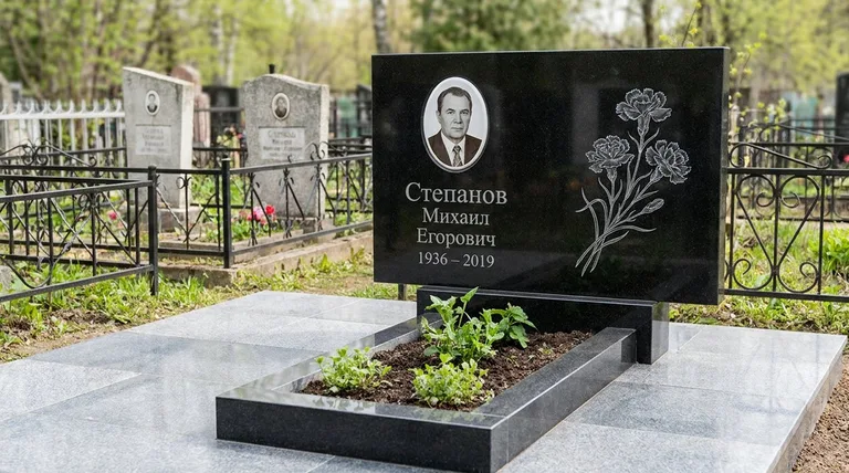 Памятник с гравировкой гвоздик — выполненная работа «Степанов» в Уфе