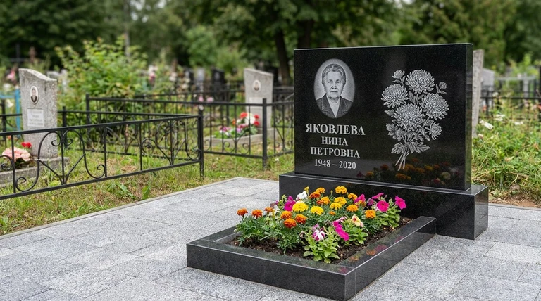 Гравировка хризантем на памятник в Уфе — пример работы на граните
