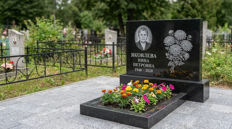 Памятник с гравировкой хризантем — выполненная работа «Соколов» в Уфе