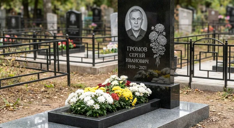 Памятник с гравировкой хризантем — выполненная работа «Громов» в Уфе