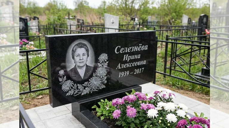 Памятник с гравировкой хризантем — выполненная работа «Селезнёва» в Уфе