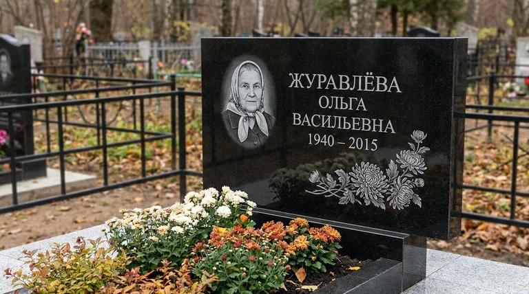 Памятник с гравировкой хризантем — выполненная работа «Журавлёва» в Уфе