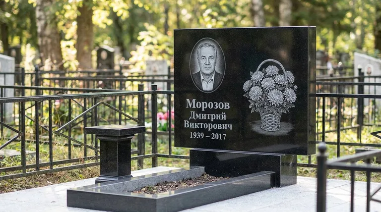 Памятник с гравировкой хризантем — выполненная работа «Морозов» в Уфе