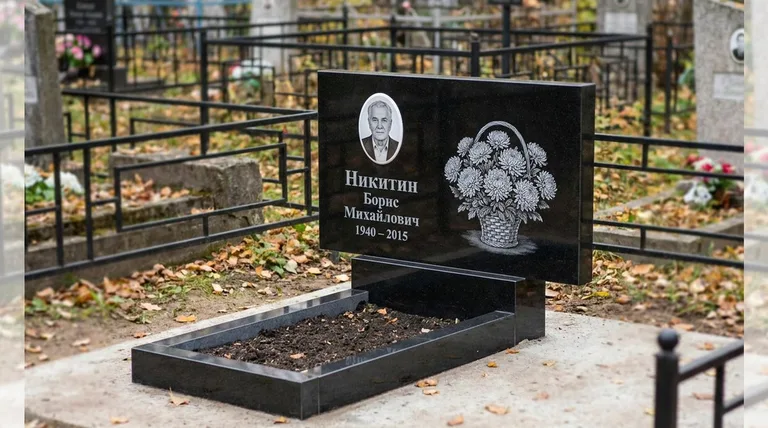 Памятник с гравировкой хризантем — выполненная работа «Никитин» в Уфе