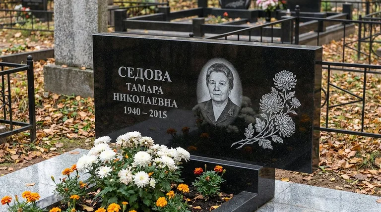 Памятник с гравировкой хризантем — выполненная работа «Седова» в Уфе