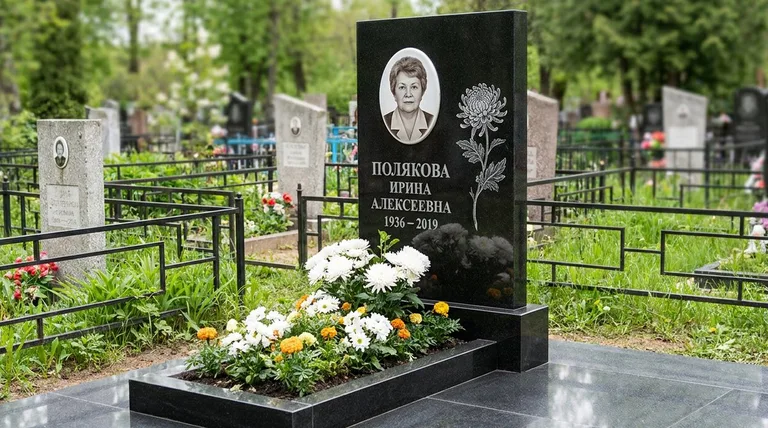 Памятник с гравировкой хризантем — выполненная работа «Полякова» в Уфе