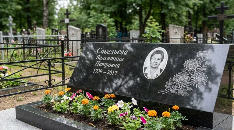Памятник с гравировкой хризантем — выполненная работа «Савельева» в Уфе