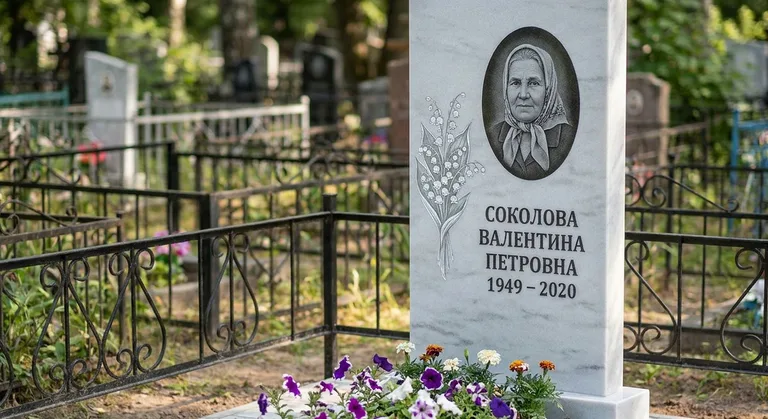 Памятник с гравировкой ландышей — выполненная работа «Соколова» в Уфе