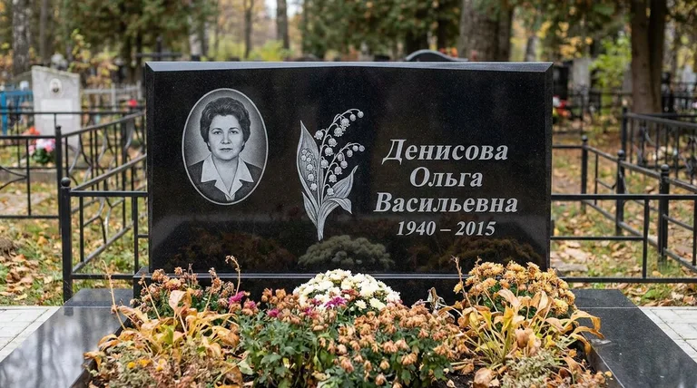 Памятник с гравировкой ландышей — выполненная работа «Денисова» в Уфе