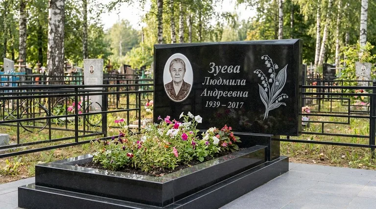 Памятник с гравировкой ландышей — выполненная работа «Зуева» в Уфе