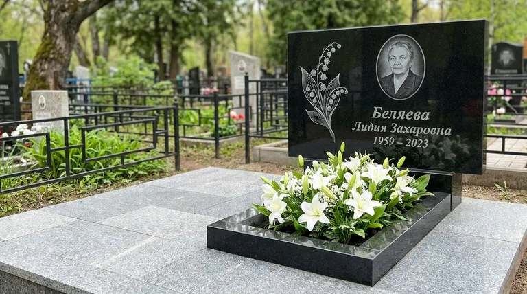 Памятник с гравировкой ландышей — выполненная работа «Беляева» в Уфе
