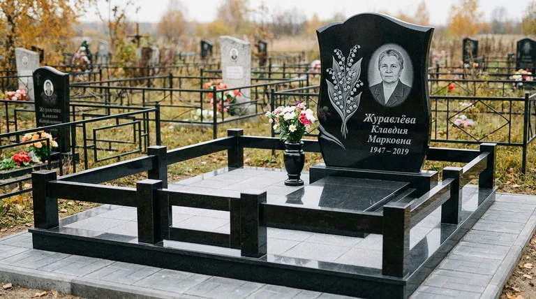 Памятник с гравировкой ландышей — выполненная работа «Журавлёва» в Уфе