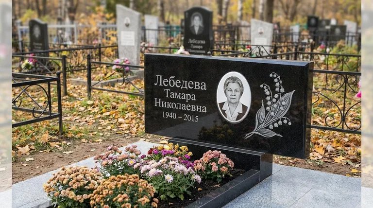 Памятник с гравировкой ландышей — выполненная работа «Лебедева» в Уфе