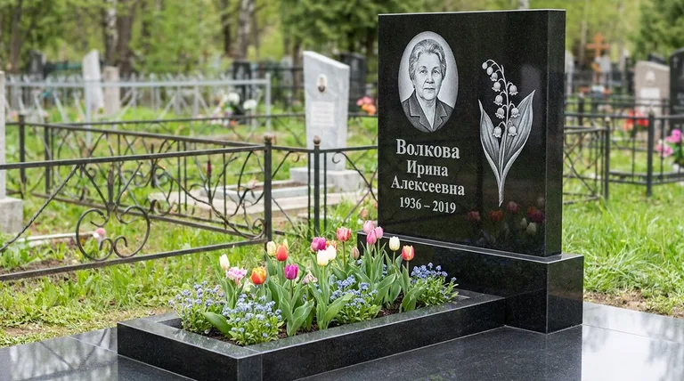 Памятник с гравировкой ландышей — выполненная работа «Волкова» в Уфе
