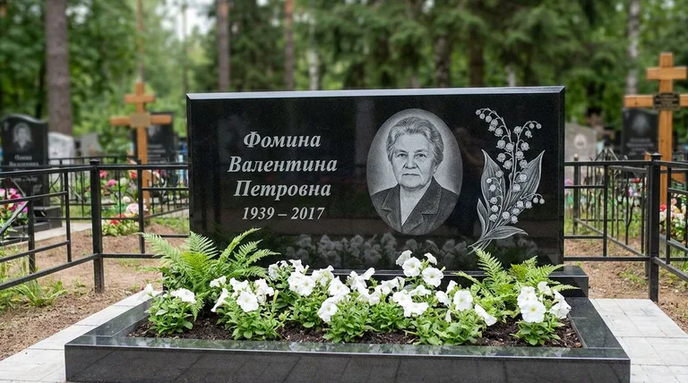 Памятник с гравировкой ландышей — выполненная работа «Фомина» в Уфе