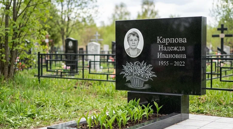 Памятник с гравировкой ландышей — выполненная работа «Карпова» в Уфе
