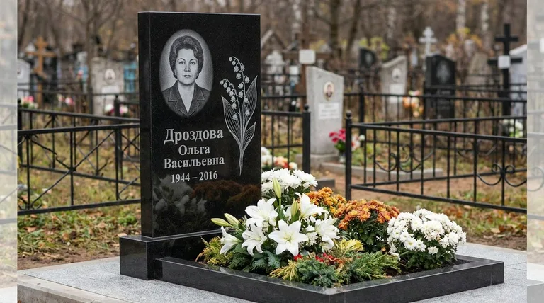 Памятник с гравировкой ландышей — выполненная работа «Дроздова» в Уфе