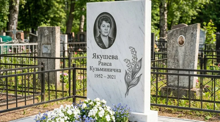 Памятник с гравировкой ландышей — выполненная работа «Якушева» в Уфе