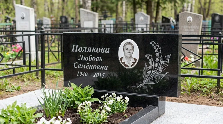 Памятник с гравировкой ландышей — выполненная работа «Полякова» в Уфе