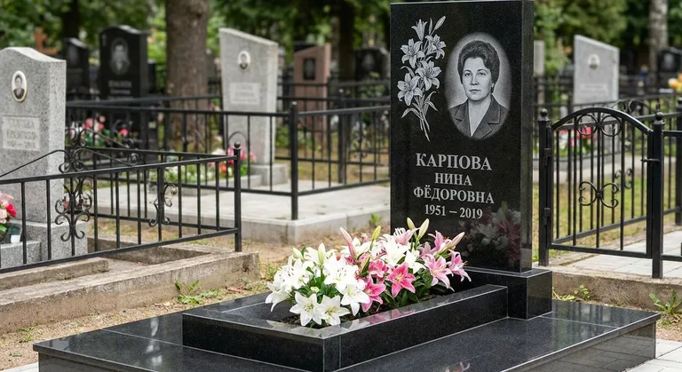 Памятник с гравировкой лилий — выполненная работа «Карпова» в Уфе