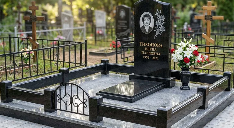 Памятник с гравировкой лилий — выполненная работа «Тихонова» в Уфе