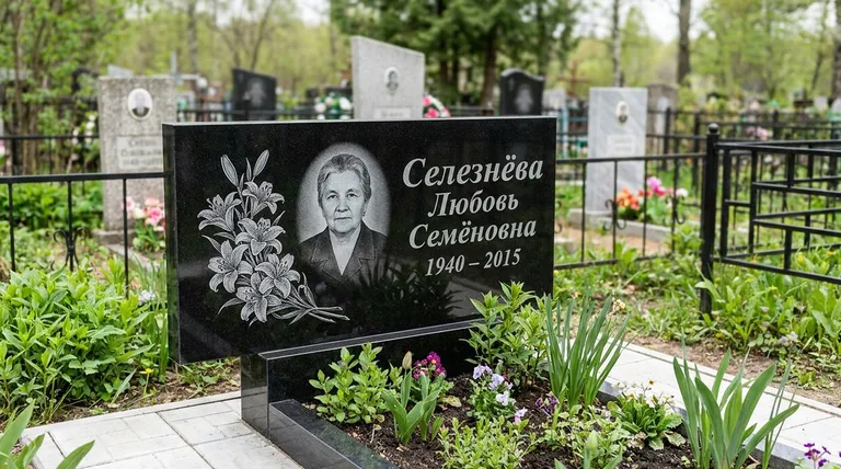 Памятник с гравировкой лилий — выполненная работа «Селезнёва» в Уфе