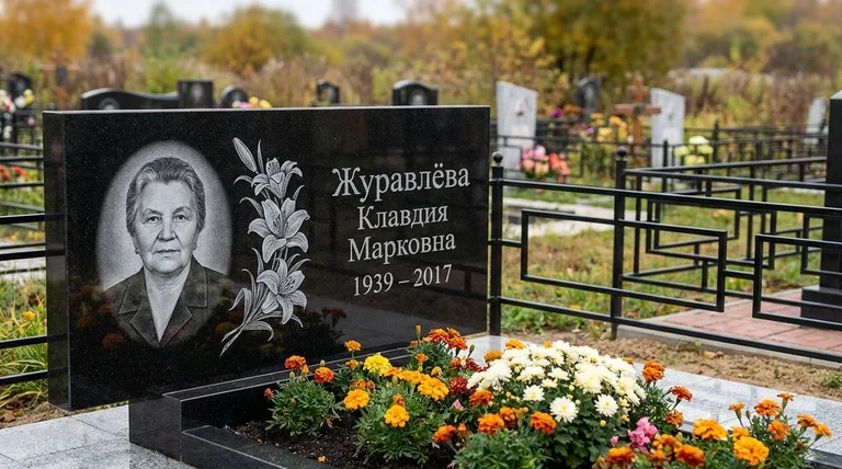 Памятник с гравировкой лилий — выполненная работа «Журавлёва» в Уфе