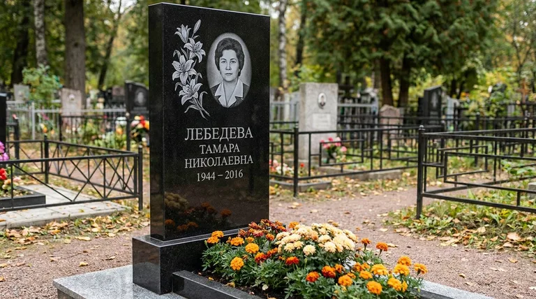 Памятник с гравировкой лилий — выполненная работа «Лебедева» в Уфе