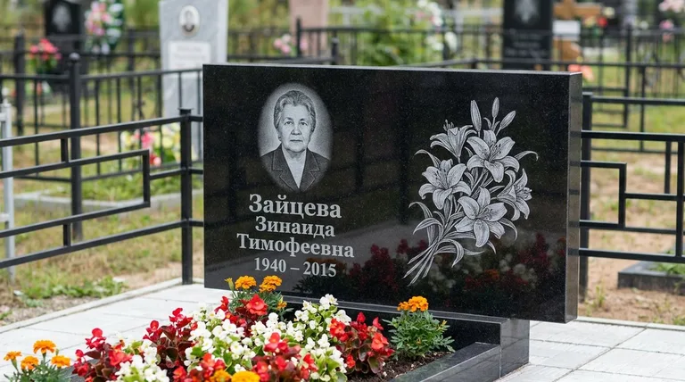 Памятник с гравировкой лилий — выполненная работа «Зайцева» в Уфе