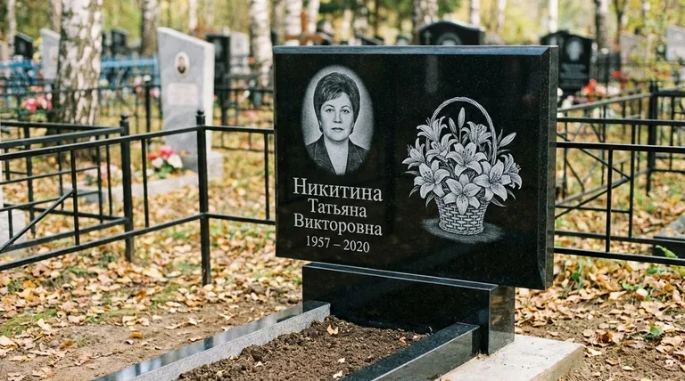 Памятник с гравировкой лилий — выполненная работа «Никитина» в Уфе