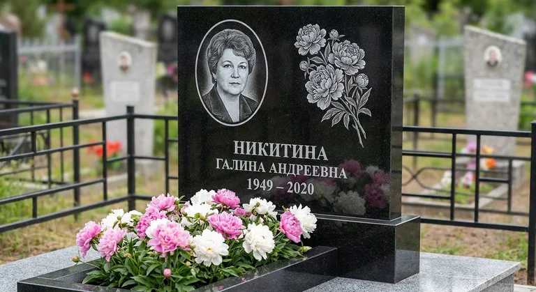 Памятник с гравировкой пионов — выполненная работа «Никитина» в Уфе