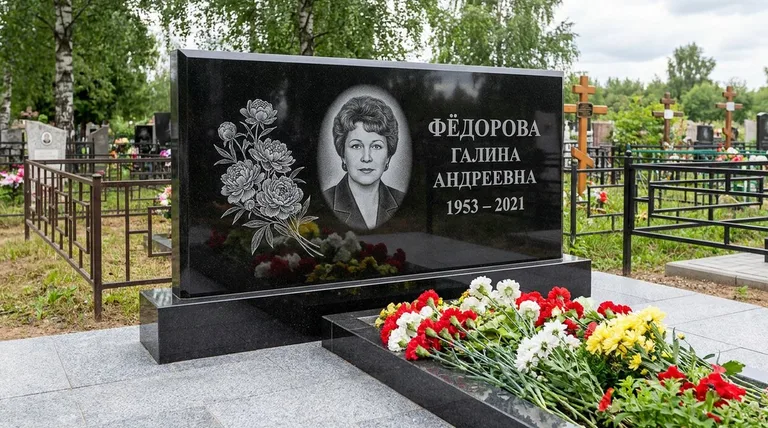 Памятник с гравировкой пионов — выполненная работа «Фёдорова» в Уфе