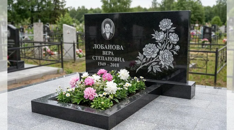Памятник с гравировкой пионов — выполненная работа «Лобанова» в Уфе