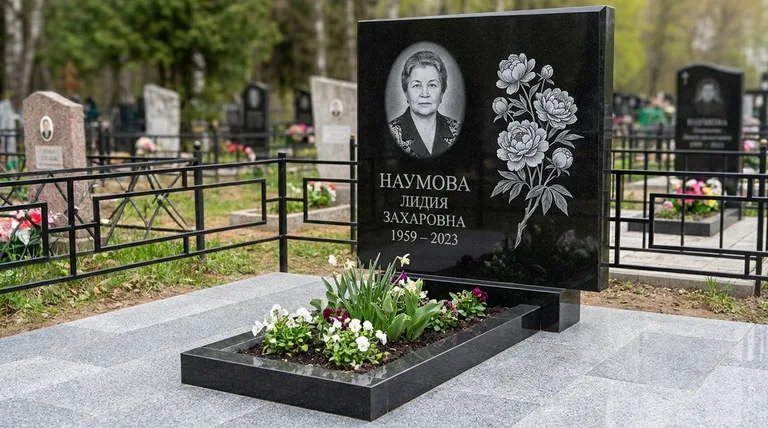 Памятник с гравировкой пионов — выполненная работа «Наумова» в Уфе