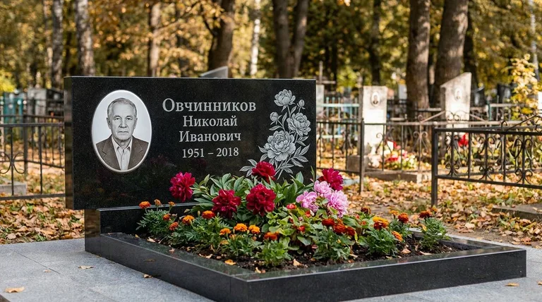 Памятник с гравировкой пионов — выполненная работа «Овчинников» в Уфе