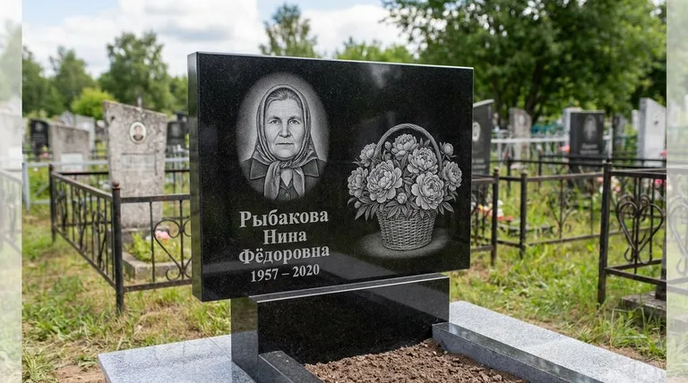 Памятник с гравировкой пионов — выполненная работа «Рыбакова» в Уфе