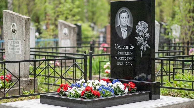 Памятник с гравировкой пионов — выполненная работа «Селезнёв» в Уфе