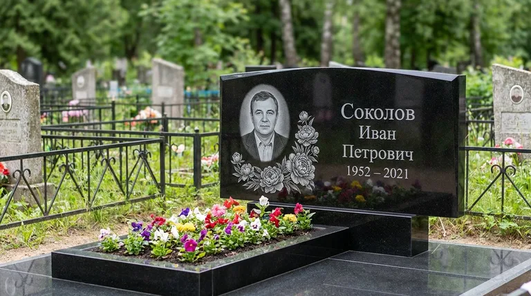 Памятник с гравировкой пионов — выполненная работа «Соколов» в Уфе