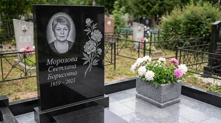Памятник с гравировкой пионов — выполненная работа «Морозова» в Уфе