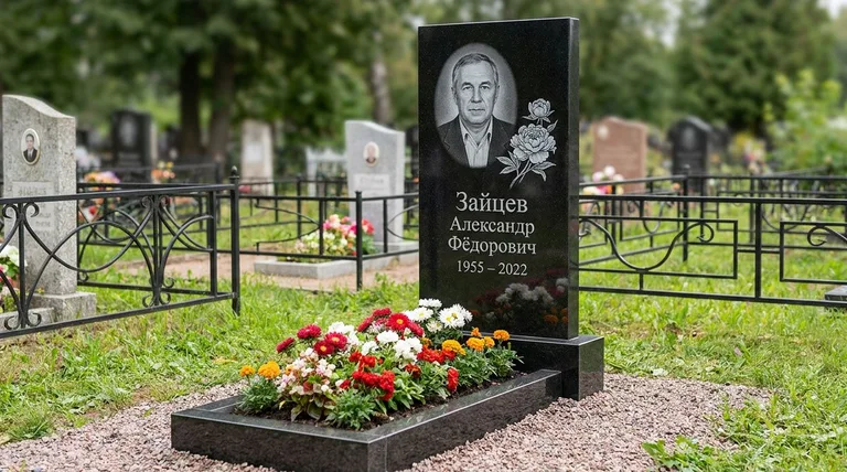 Памятник с гравировкой пионов — выполненная работа «Зайцев» в Уфе