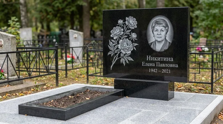 Памятник с гравировкой пионов — выполненная работа «Никитина» в Уфе