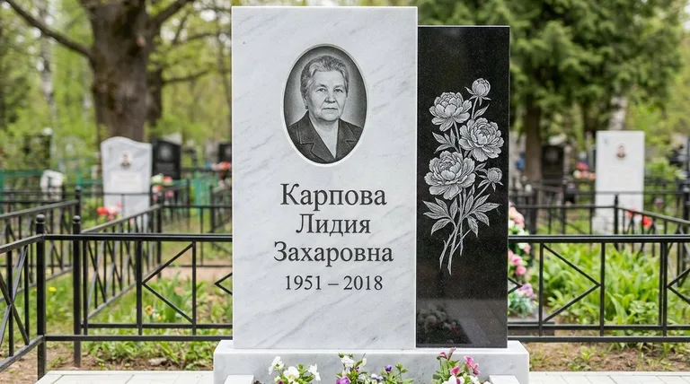 Памятник с гравировкой пионов — выполненная работа «Карпова» в Уфе