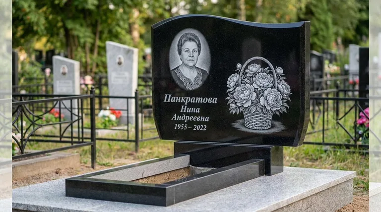 Памятник с гравировкой пионов — выполненная работа «Панкратова» в Уфе