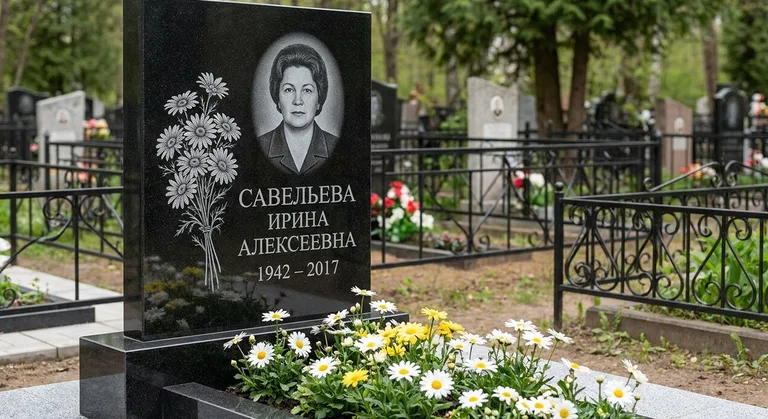 Памятник с гравировкой ромашек — выполненная работа «Савельева» в Уфе