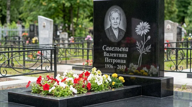 Памятник с гравировкой ромашек — выполненная работа «Савельева» в Уфе