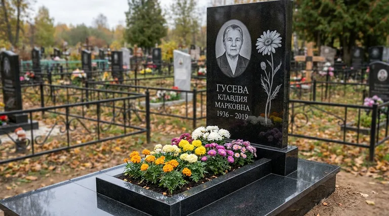Памятник с гравировкой ромашек — выполненная работа «Гусева» в Уфе