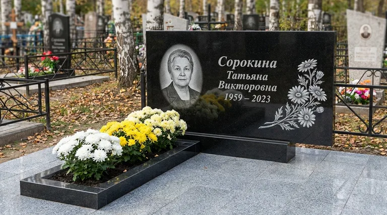 Памятник с гравировкой ромашек — выполненная работа «Сорокина» в Уфе
