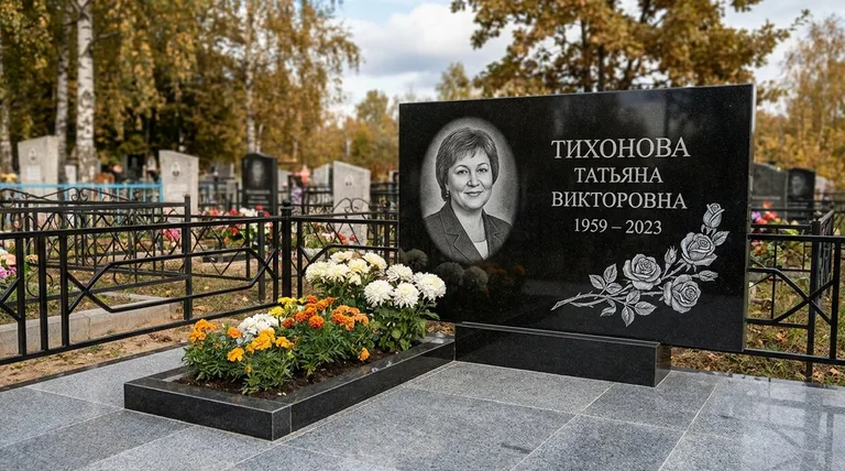 Памятник с гравировкой роз — выполненная работа «Тихонова» в Уфе